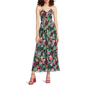 Betsey Johnson Jungle Print Halter Maxi Dress Sheer Overlay Fit Flare Lined M/L